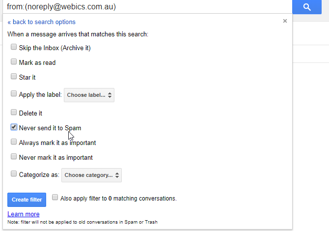 Never send to spam Screenshot